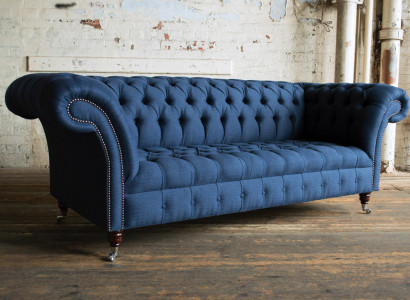 Blue Textil Chesterfield 4-Seater Designer Upholstered Sofa