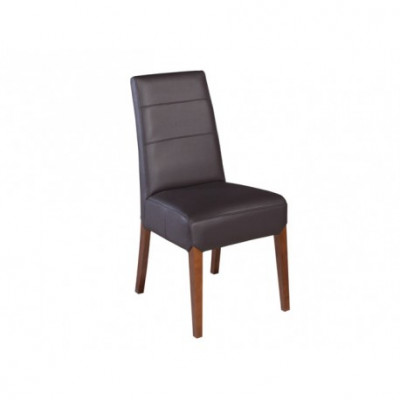 Set of 6 solid wood dining chairs with leather upholstery suitable for restaurant use.