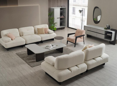 White Upholstered Living Room Set 2x Sofas Coffee Tables Side Table