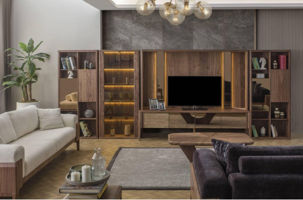 Modern brown wall unit, living room wooden wall, Mux LED shelves, wall units