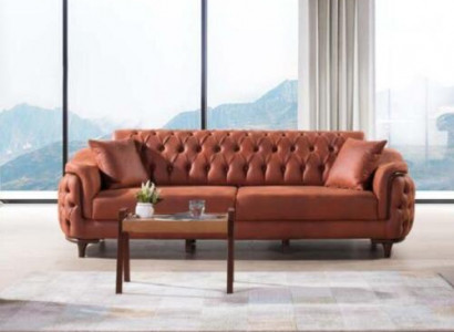 Orange Chesterfield Couch Three-Seater Sofa Furniture Velvet Wood Seat Cushion