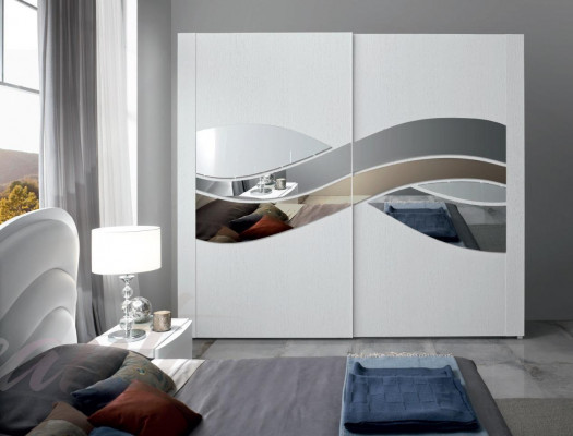 Luxury wardrobe design, wooden closets with mirrors, interior fittings.