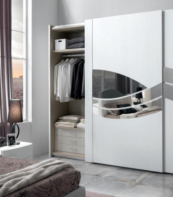 Luxury wardrobe design, wooden closets with mirrors, interior fittings.